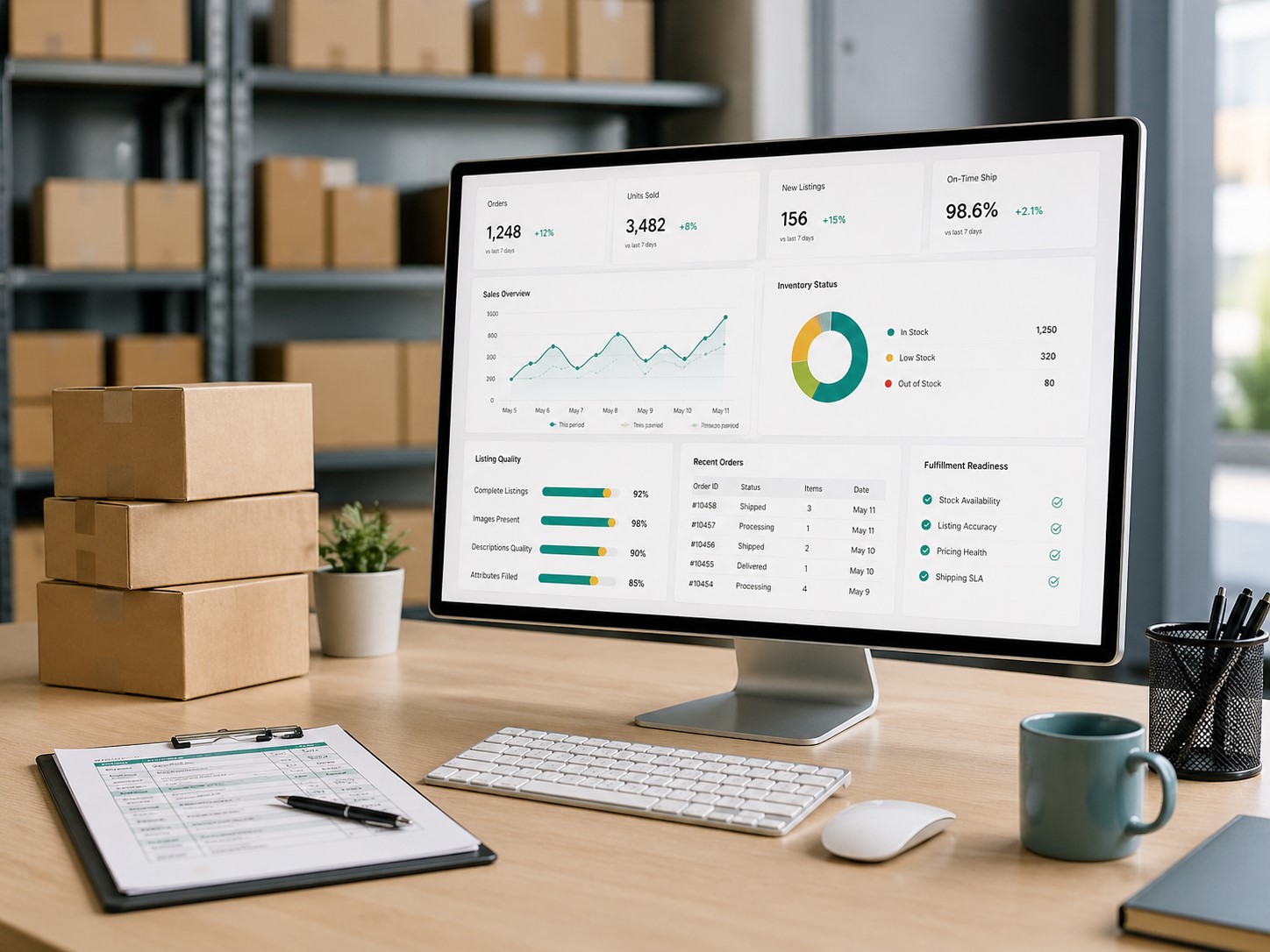 Marketplace operations workspace with inventory and performance dashboard
