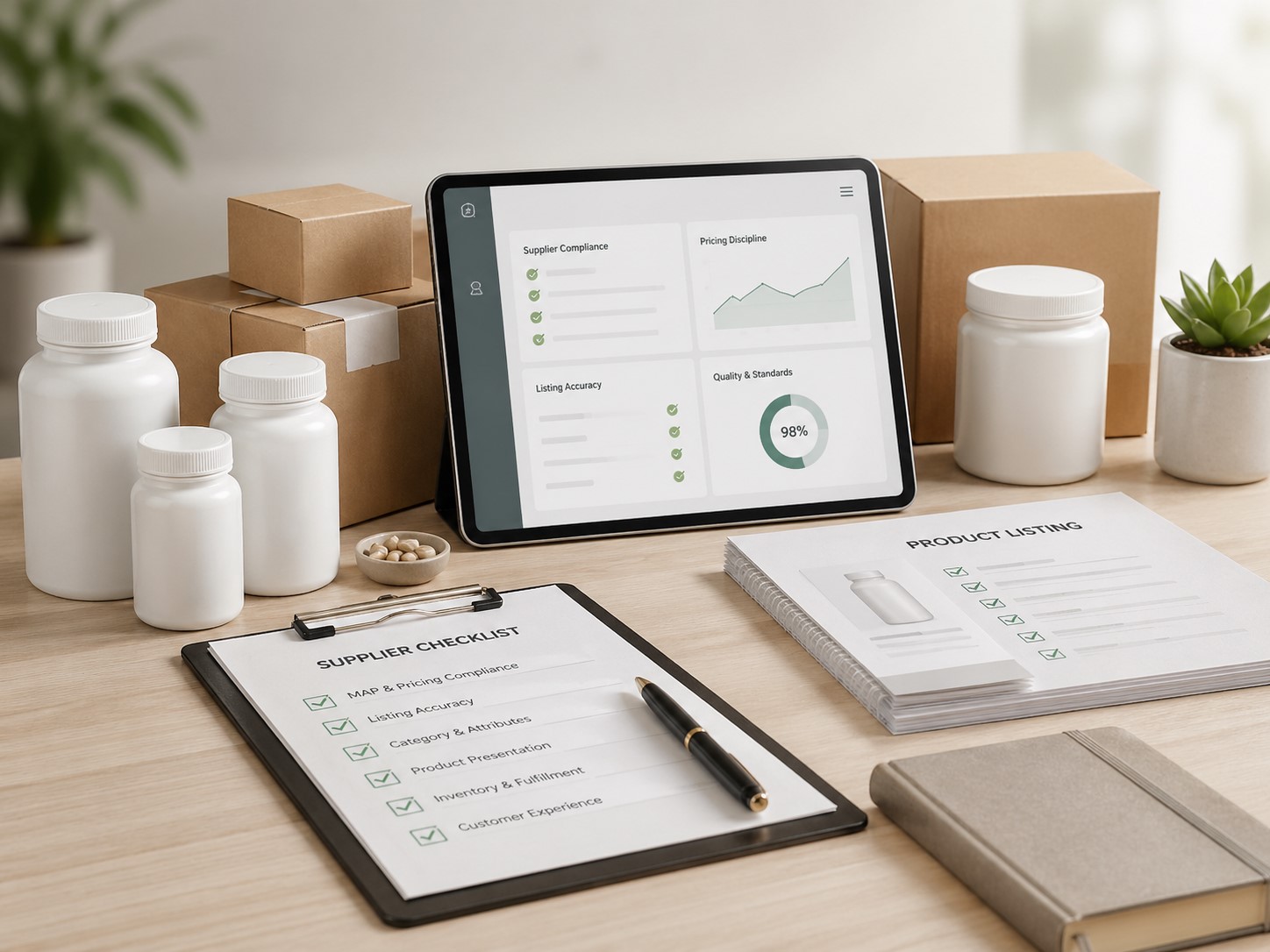 Brand protection workspace with compliance checklist and marketplace standards dashboard